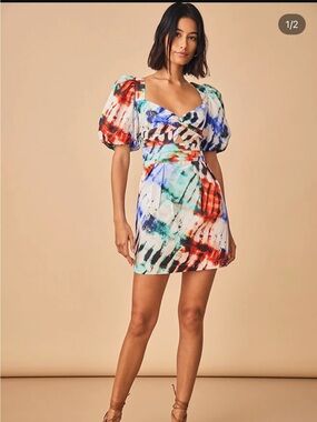 HUNTER BELL Multicolor Puff-Sleeve Tie-Dye Mini Dress
